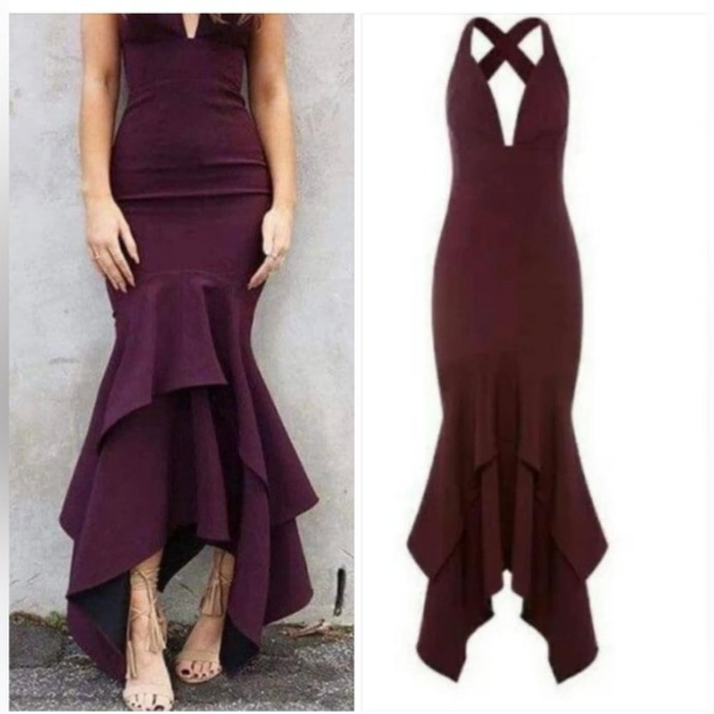 SHEIKE Barcelona Burgundy Maroon Fish Tail Plunge Front Formal Evening